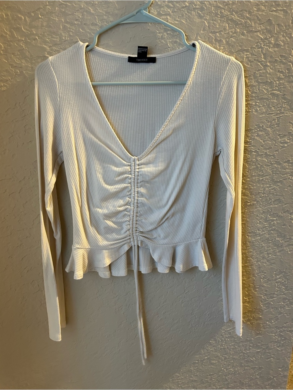 Forever 21 Cream Ribbed V-Neck Ruched Drawstring Peplum Long Sleeve Top
